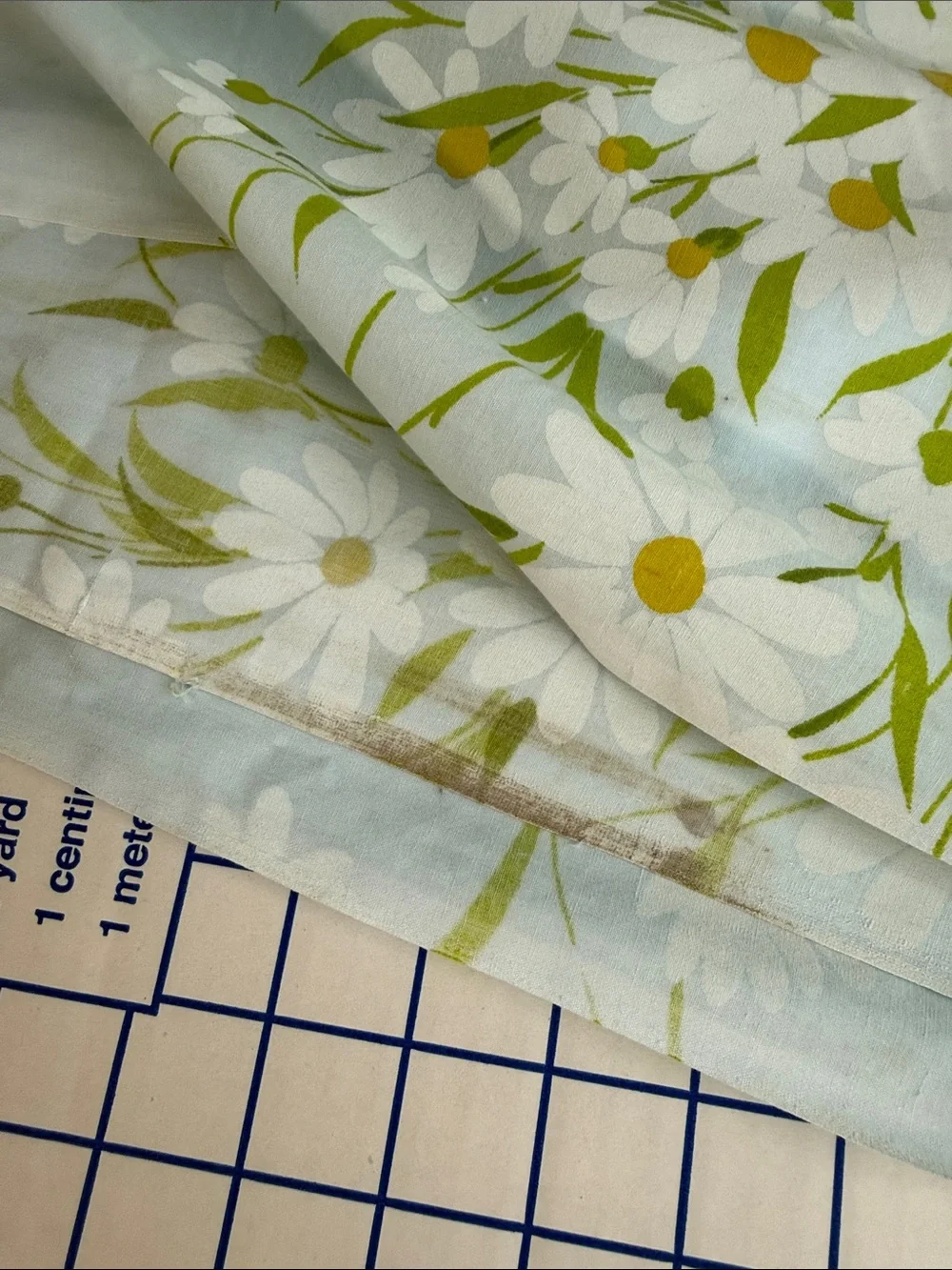 Vintage Morgan Jones Daisy Floral Flat Sheet Fabric 1970s Blue White No Iron
